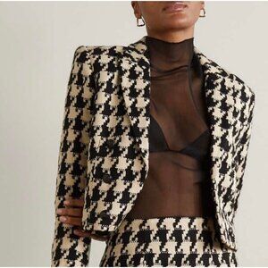 NWT L'Agence Inez Cropped Blazer Jacket in Light Camel/Black Houndstooth Size 6